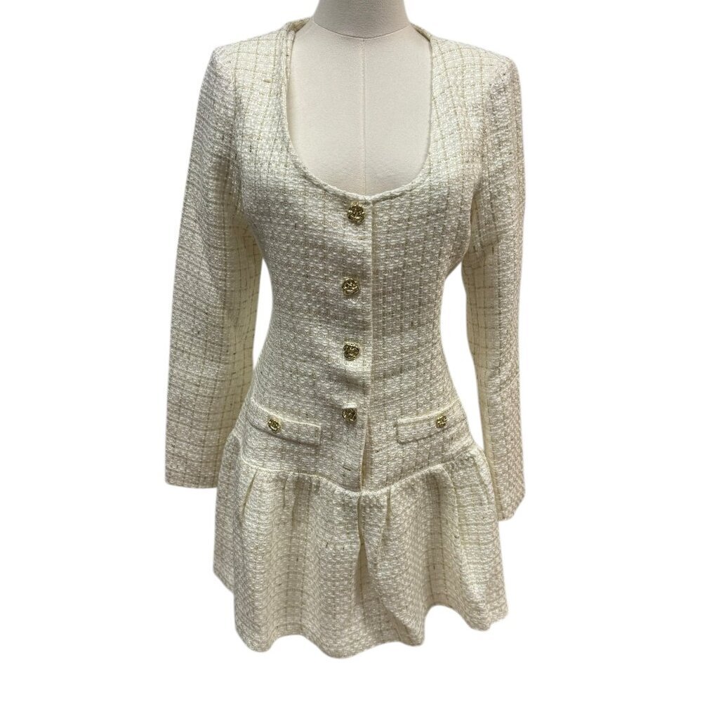 Amanda Uprichard Cream Tweed Long Sleeve Fit & Flare Dress – Size S – NWT